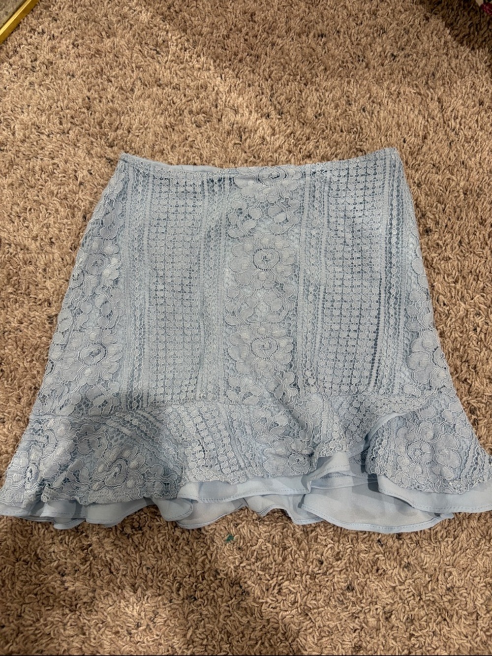 Francesca's Collections Light Blue Lace A-Line Skirt with Ruffle Hem